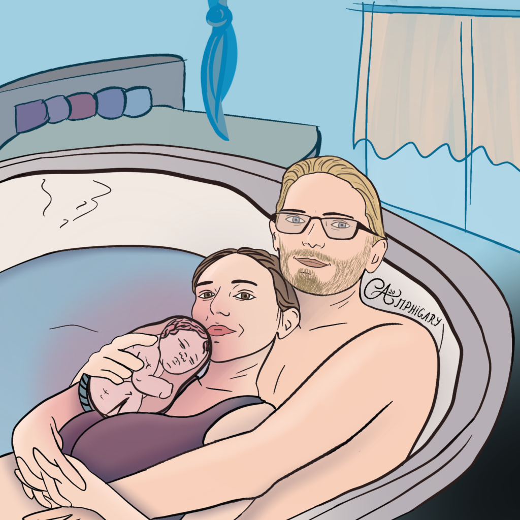 naissance : couple prenant un bain post-accouchement